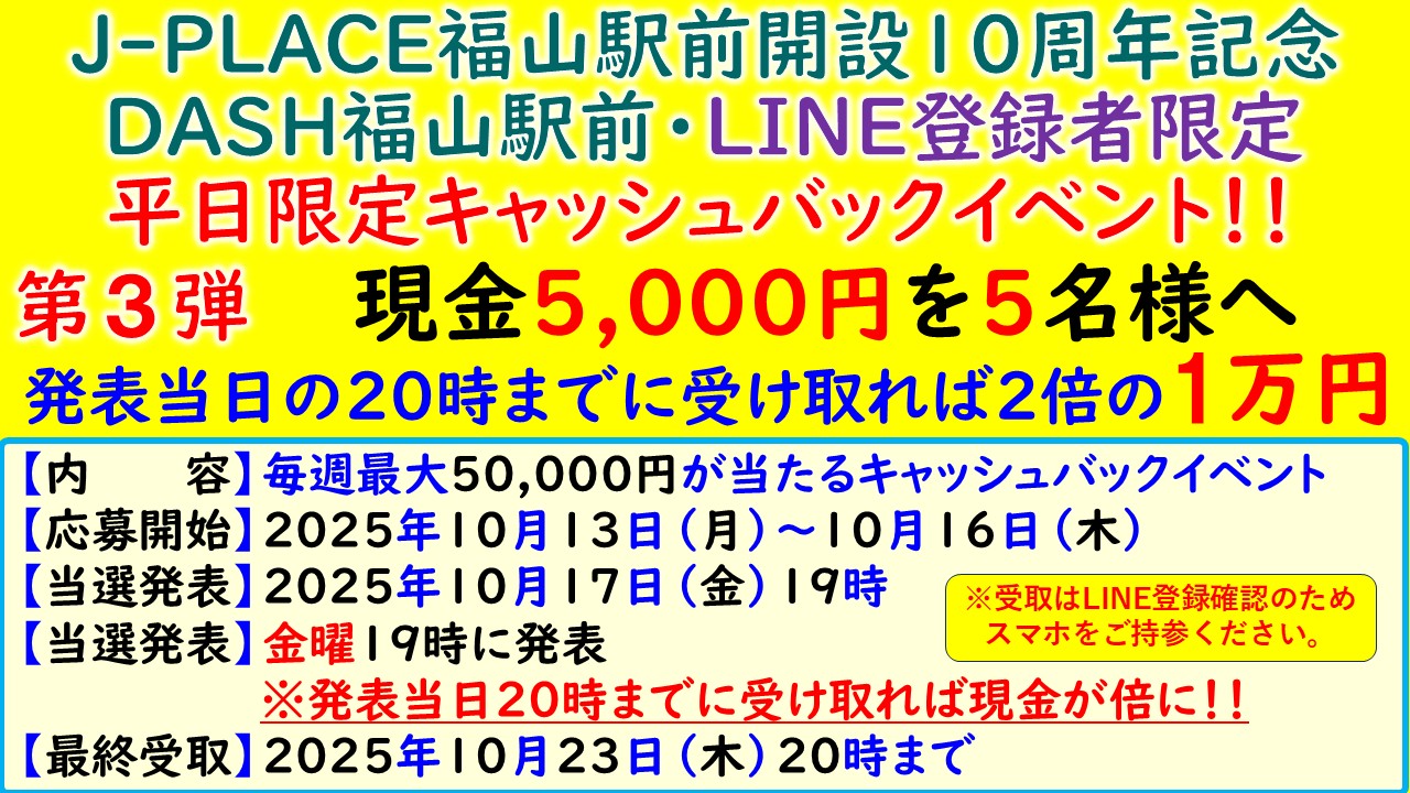 J-PLACE福山駅前開設１０周年記念 キャッシュバックイベント！！第３弾のお知らせ | DASH福山/J-PLACE福山